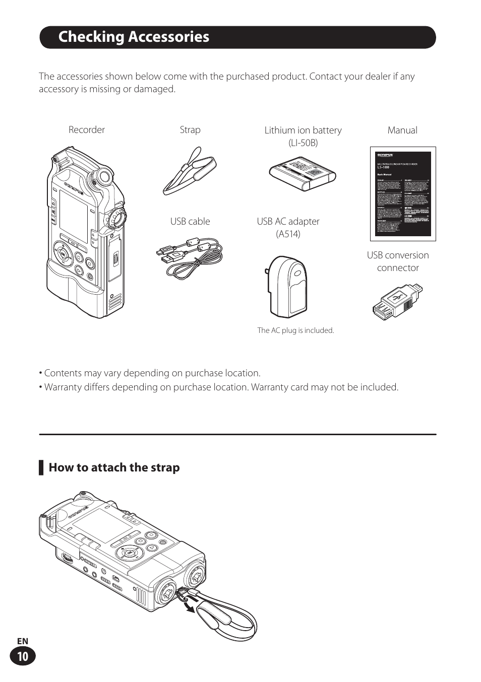 Checking accessories | Olympus LS-100 User Manual | Page 10 / 137