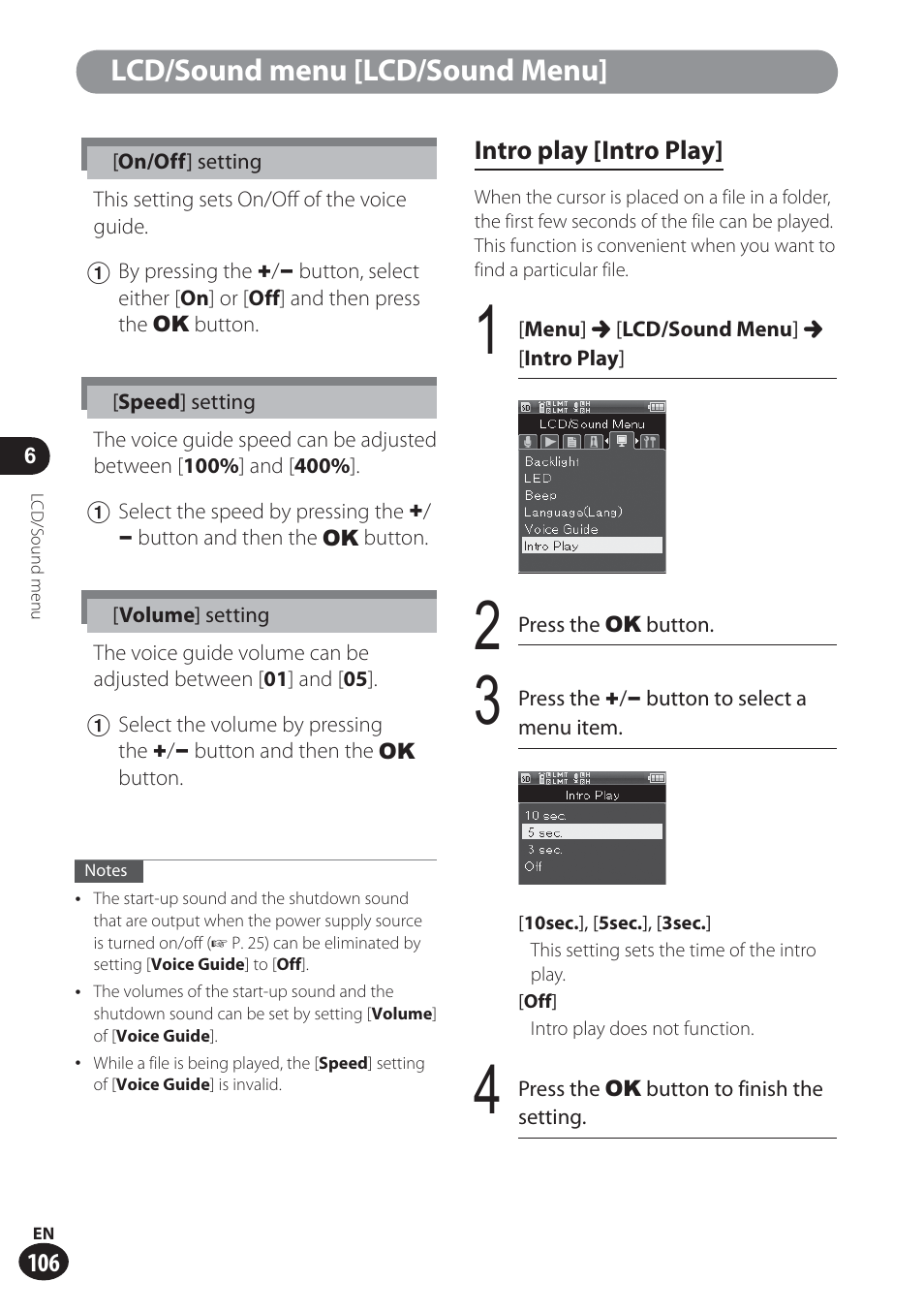 Lcd/sound menu [lcd/sound menu | Olympus LS-100 User Manual | Page 106 / 137