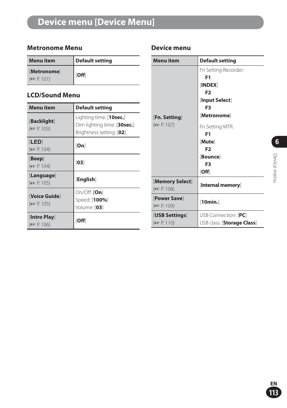 Device menu [device menu, Metronome menu, Lcd/sound menu | Device menu | Olympus LS-100 User Manual | Page 113 / 137