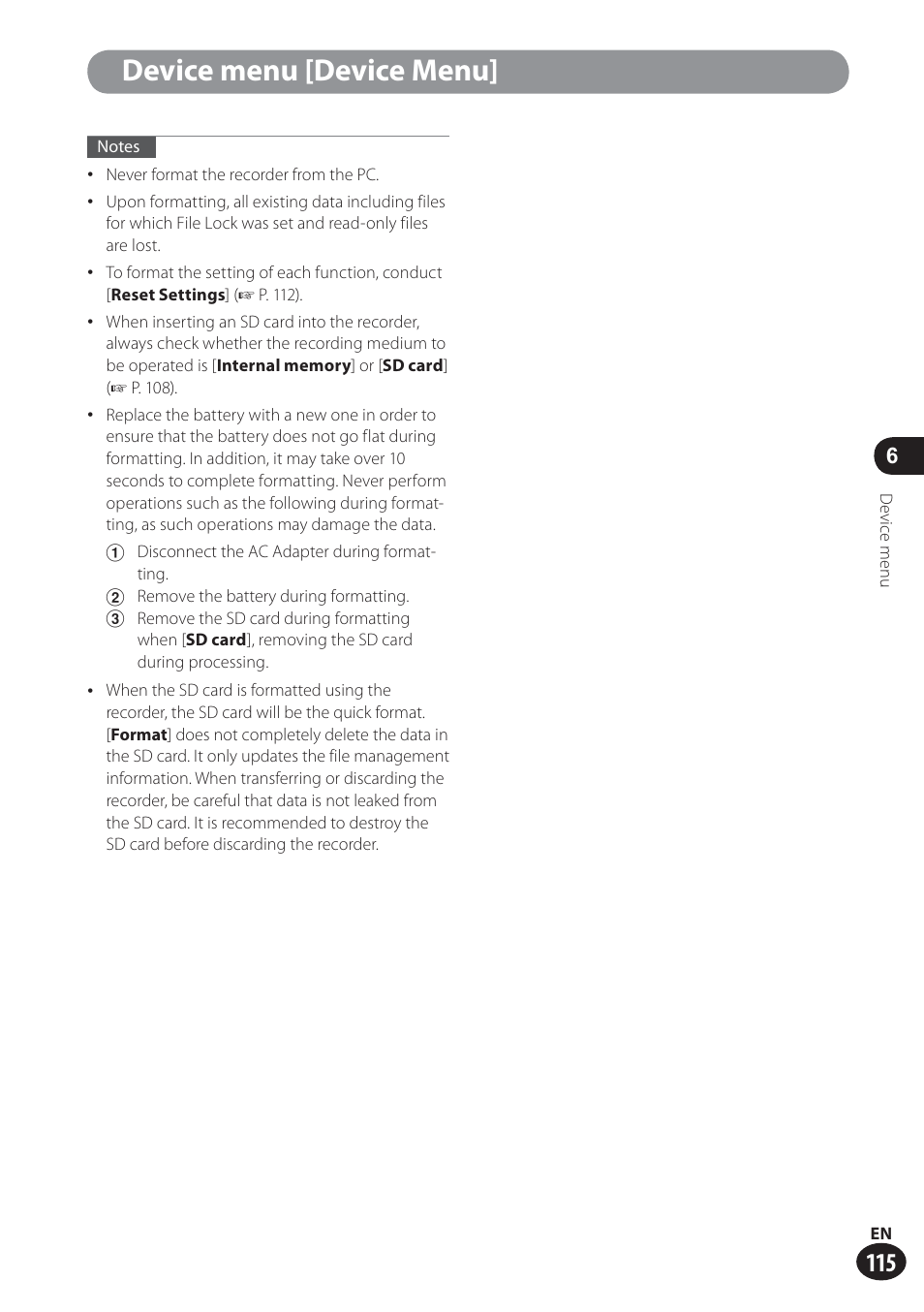 Device menu [device menu | Olympus LS-100 User Manual | Page 115 / 137