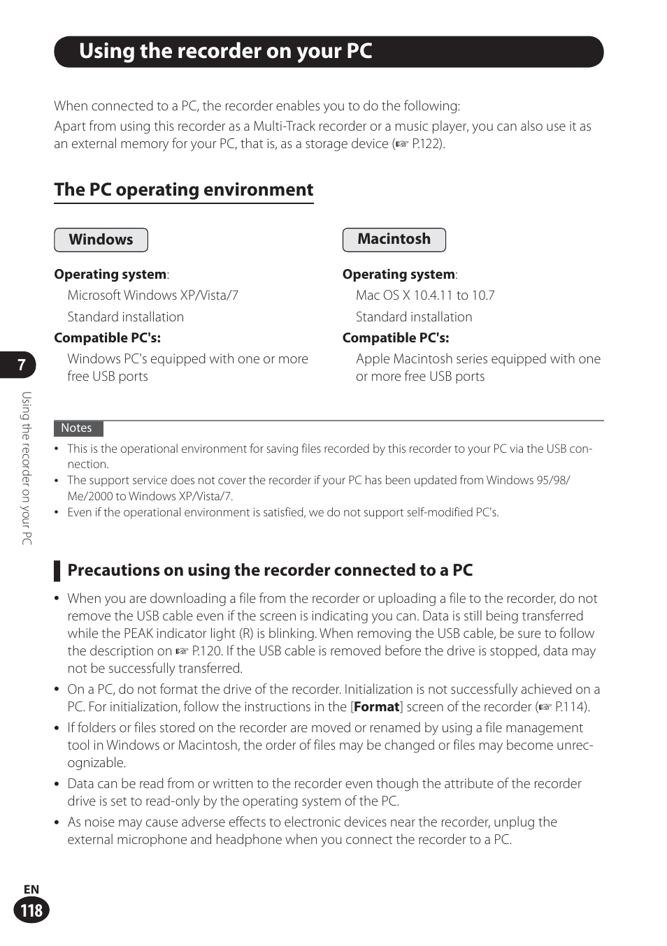 Using the recorder on your pc, The pc operating environment | Olympus LS-100 User Manual | Page 118 / 137