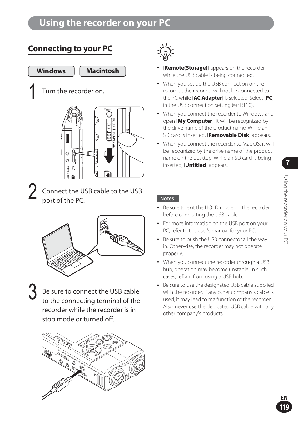 Using the recorder on your pc, Connecting to your pc | Olympus LS-100 User Manual | Page 119 / 137
