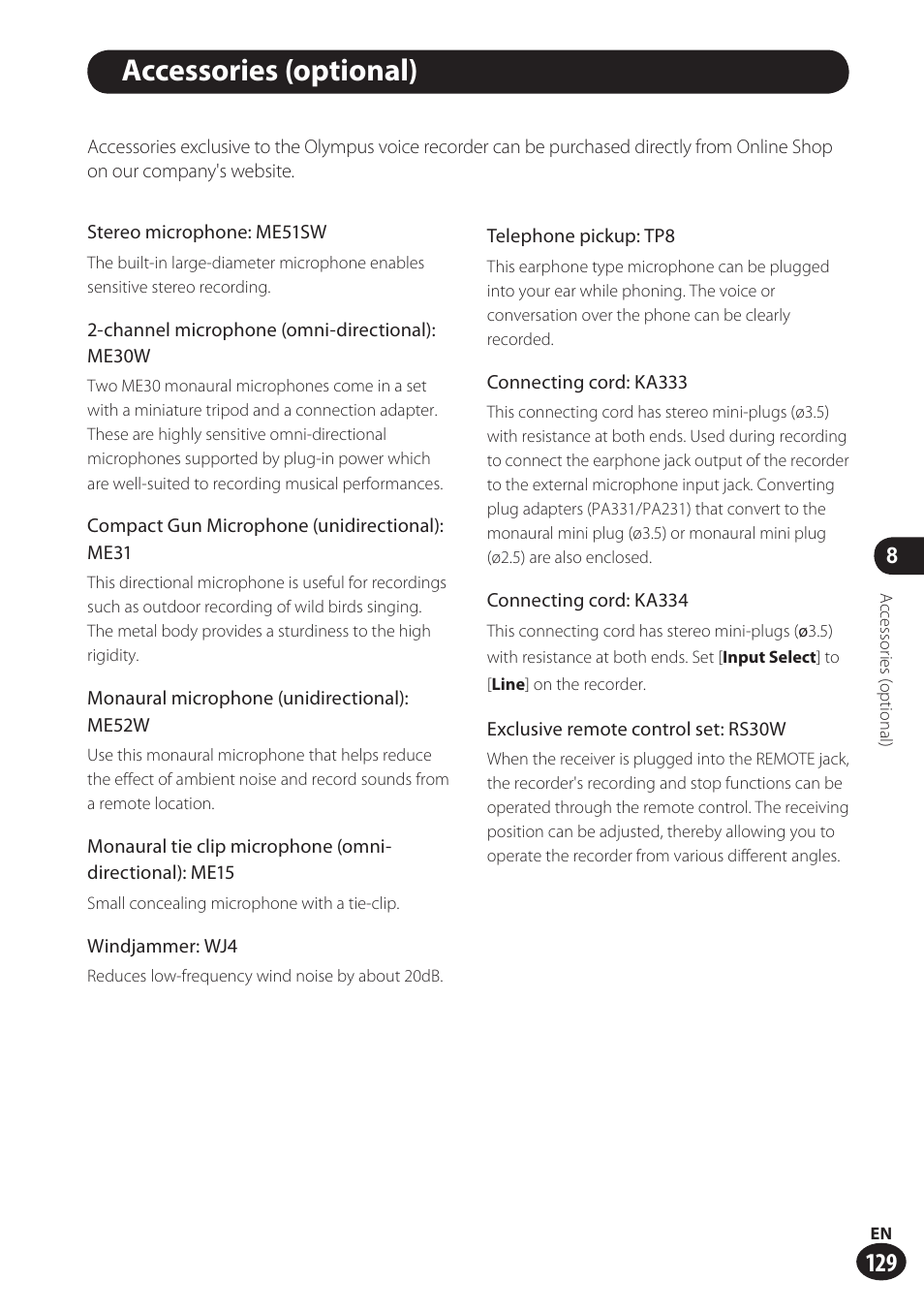 Accessories (optional) | Olympus LS-100 User Manual | Page 129 / 137
