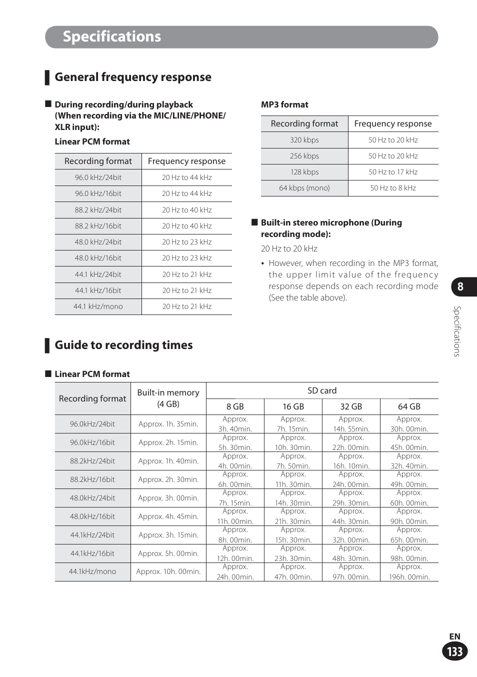 Specifications, Guide to recording times, General frequency response | Olympus LS-100 User Manual | Page 133 / 137