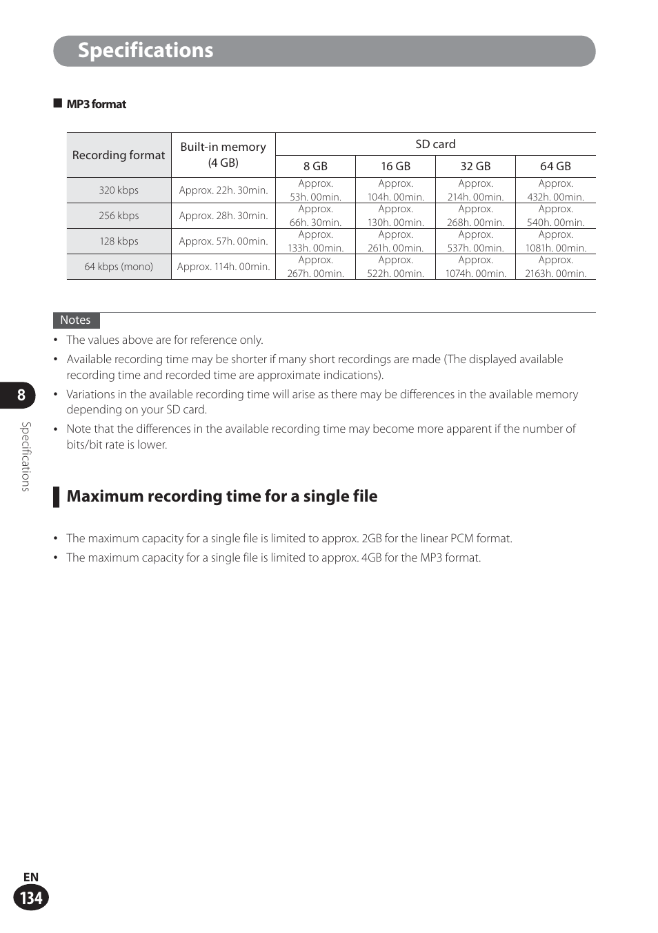 Specifications, Maximum recording time for a single file | Olympus LS-100 User Manual | Page 134 / 137