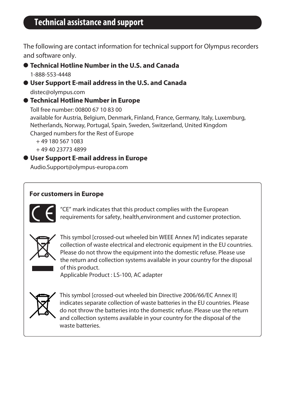 Technical assistance and support | Olympus LS-100 User Manual | Page 136 / 137