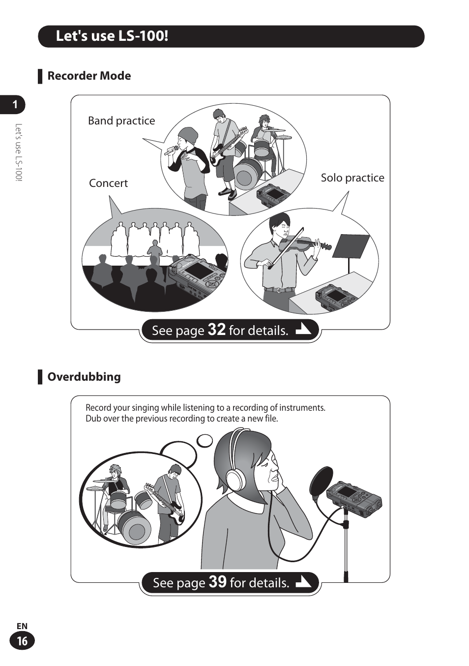 Let's use ls-100, See page, For details | Olympus LS-100 User Manual | Page 16 / 137