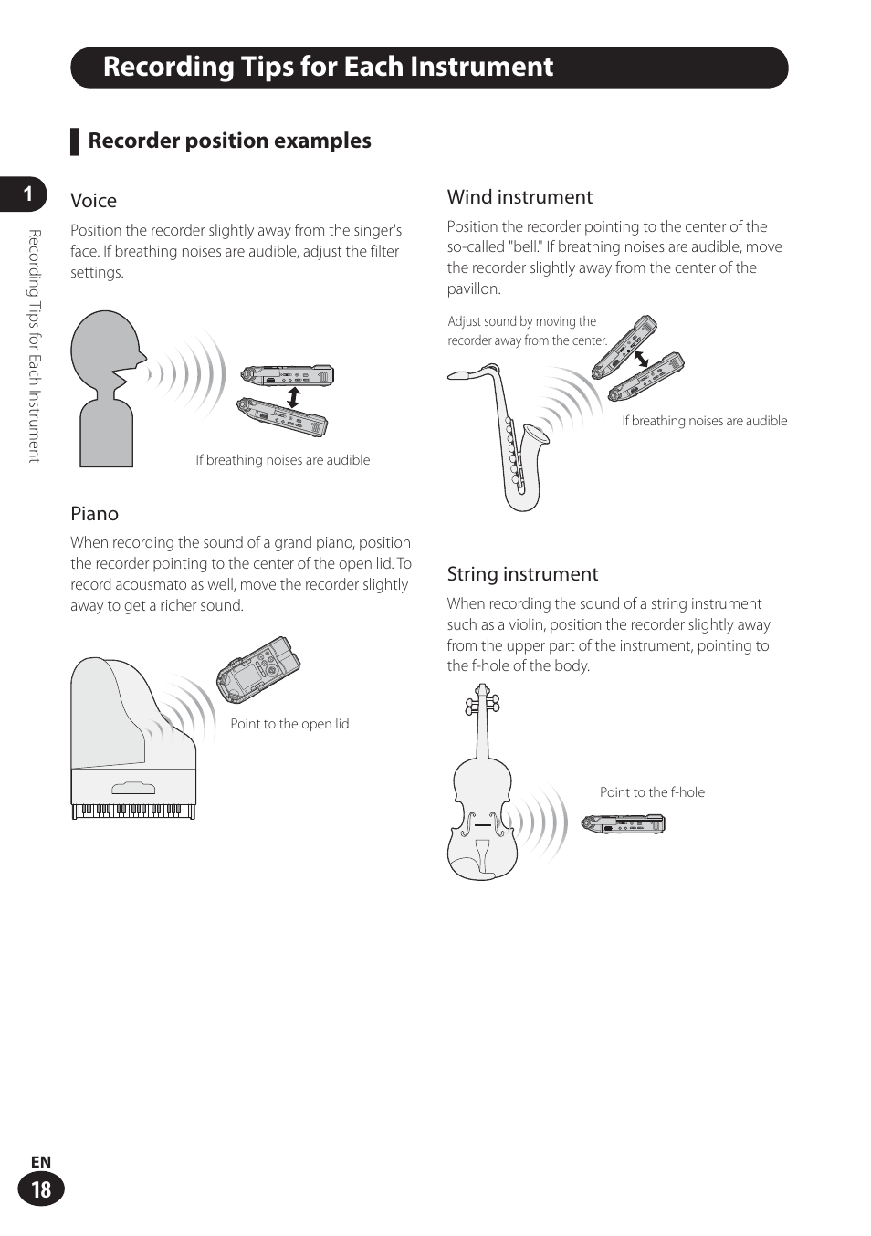 Recording tips for each instrument, Recorder position examples | Olympus LS-100 User Manual | Page 18 / 137