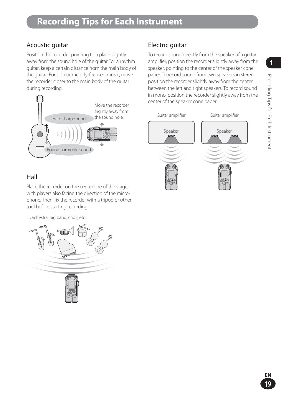 Recording tips for each instrument, Acoustic guitar, Hall | Electric guitar | Olympus LS-100 User Manual | Page 19 / 137