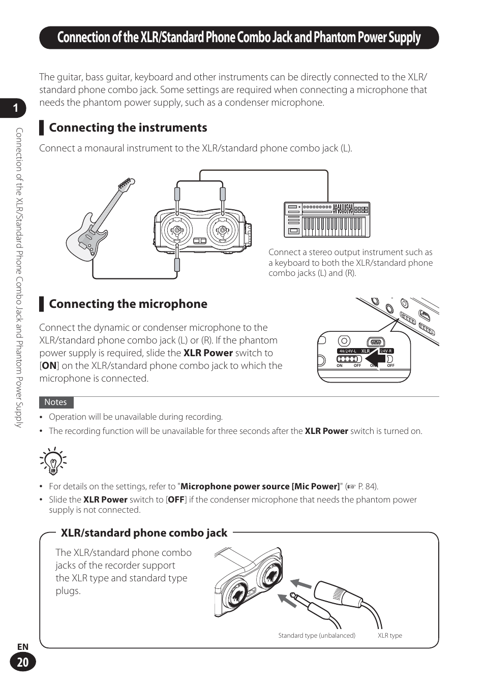 Connecting the instruments, Connecting the microphone | Olympus LS-100 User Manual | Page 20 / 137