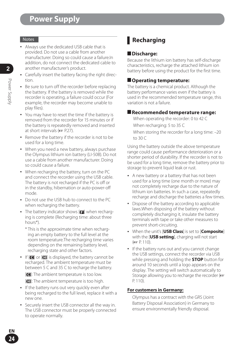 Power supply, Recharging | Olympus LS-100 User Manual | Page 24 / 137