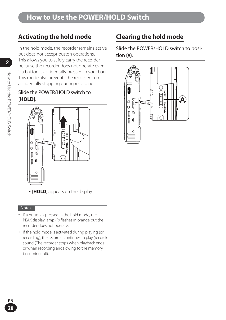How to use the power/hold switch, Activating the hold mode, Clearing the hold mode | Olympus LS-100 User Manual | Page 26 / 137