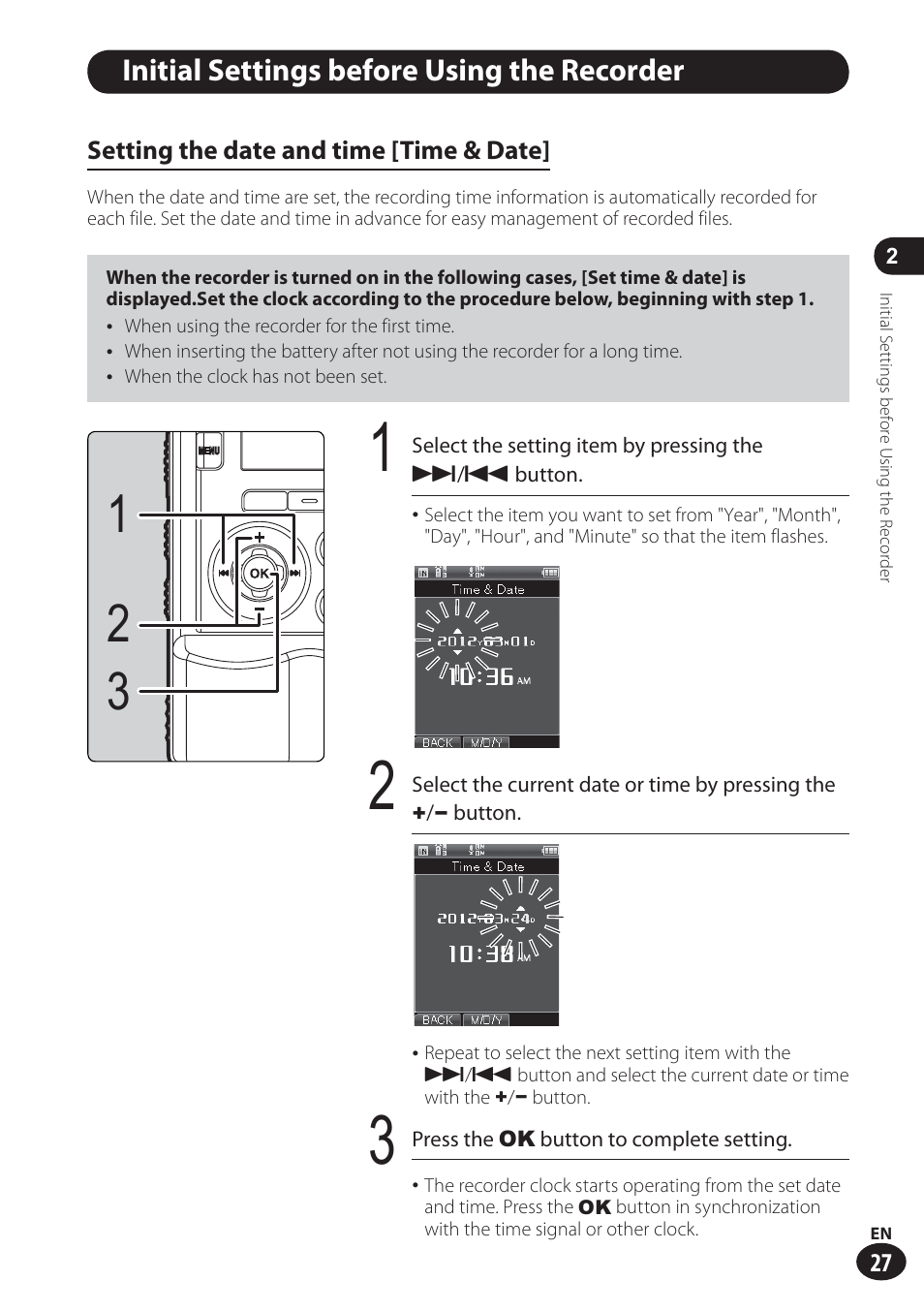 Initial settings before using the recorder | Olympus LS-100 User Manual | Page 27 / 137