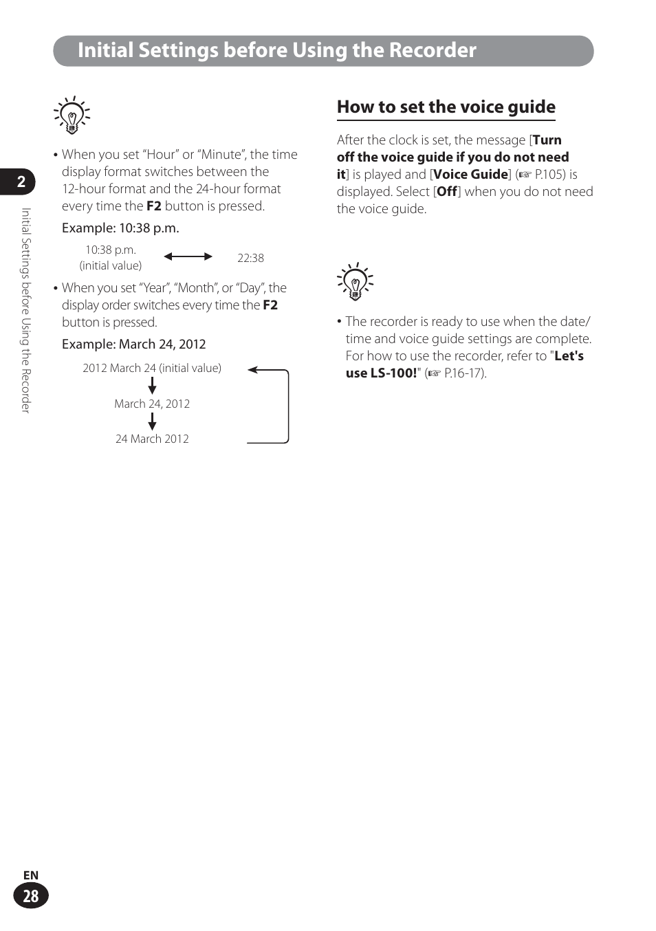 Initial settings before using the recorder, How to set the voice guide | Olympus LS-100 User Manual | Page 28 / 137