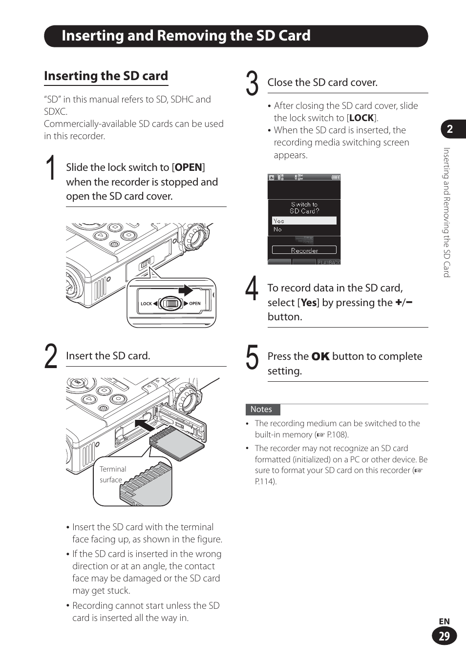 Inserting and removing the sd card | Olympus LS-100 User Manual | Page 29 / 137