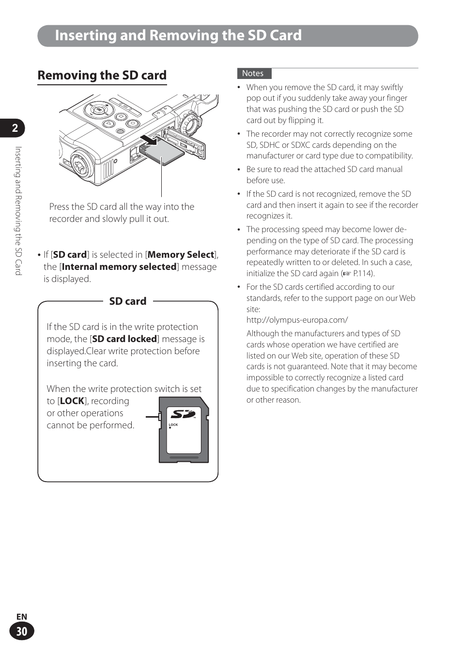 Inserting and removing the sd card, Removing the sd card | Olympus LS-100 User Manual | Page 30 / 137