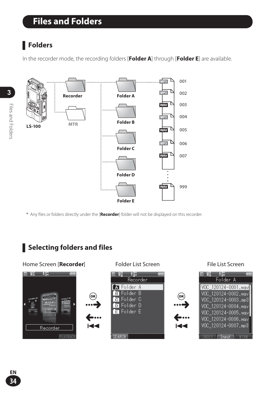 Files and folders, Folders, Selecting folders and files | Olympus LS-100 User Manual | Page 34 / 137