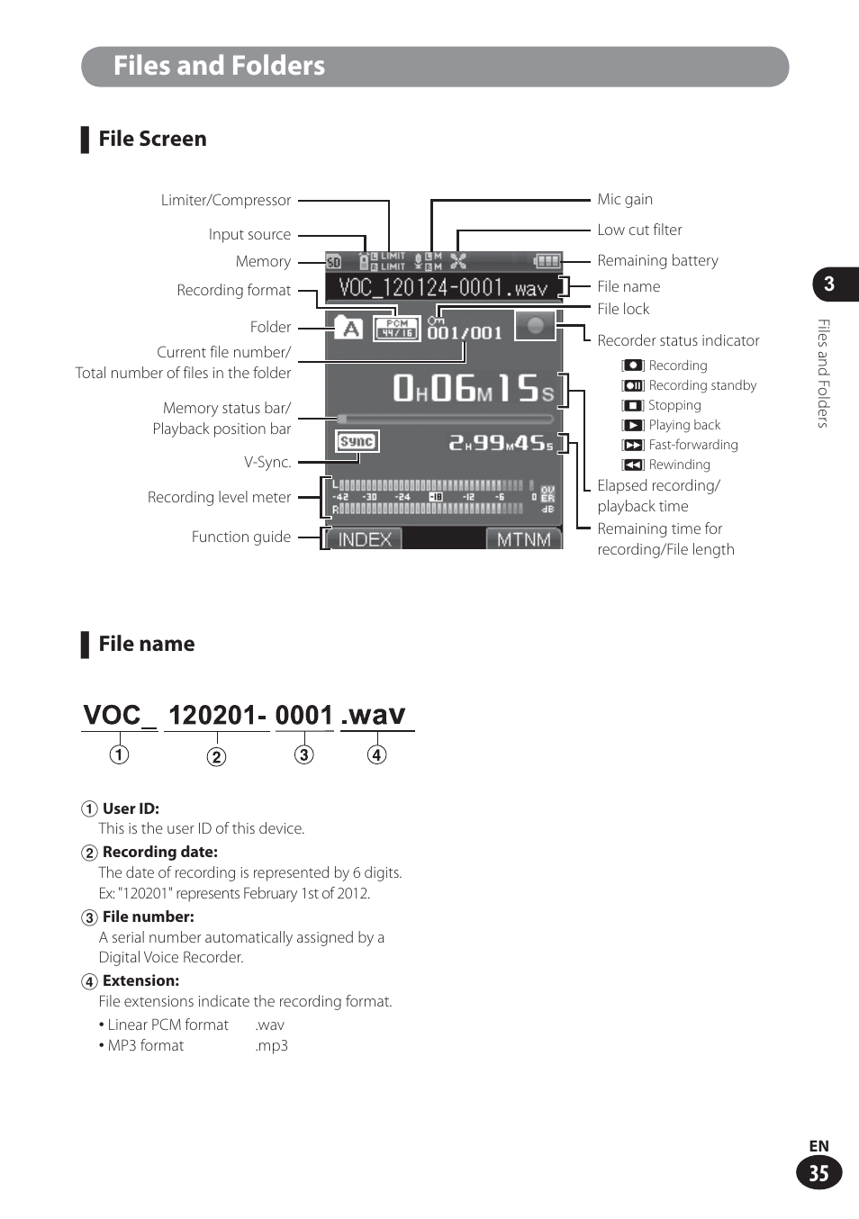 Files and folders, File screen ▌ file name | Olympus LS-100 User Manual | Page 35 / 137