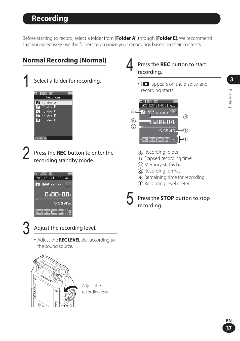 Recording | Olympus LS-100 User Manual | Page 37 / 137