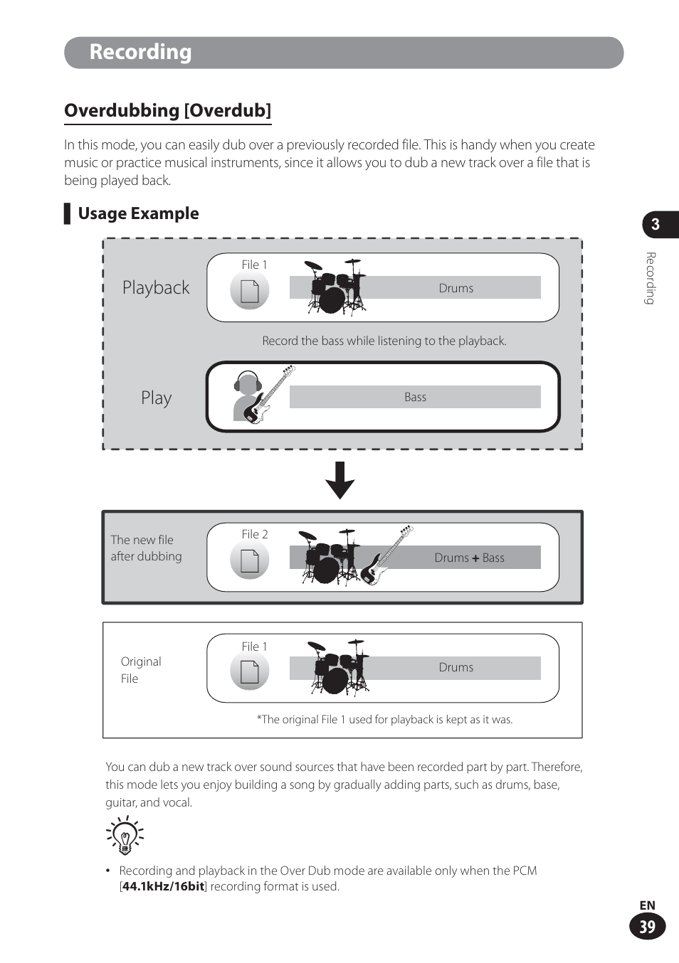 Recording, Overdubbing [overdub, Playback play | Usage example | Olympus LS-100 User Manual | Page 39 / 137