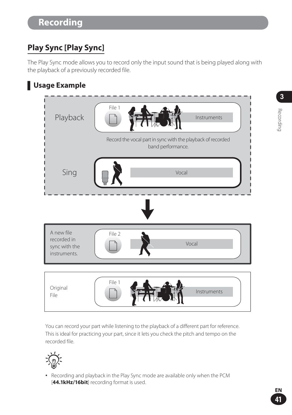 Recording, Play sync [play sync, Playback sing | Usage example | Olympus LS-100 User Manual | Page 41 / 137