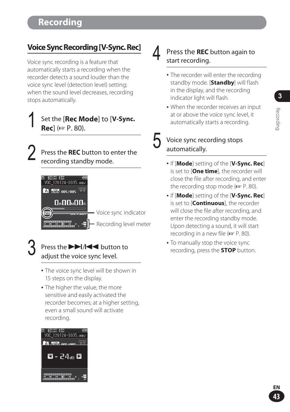 Recording | Olympus LS-100 User Manual | Page 43 / 137