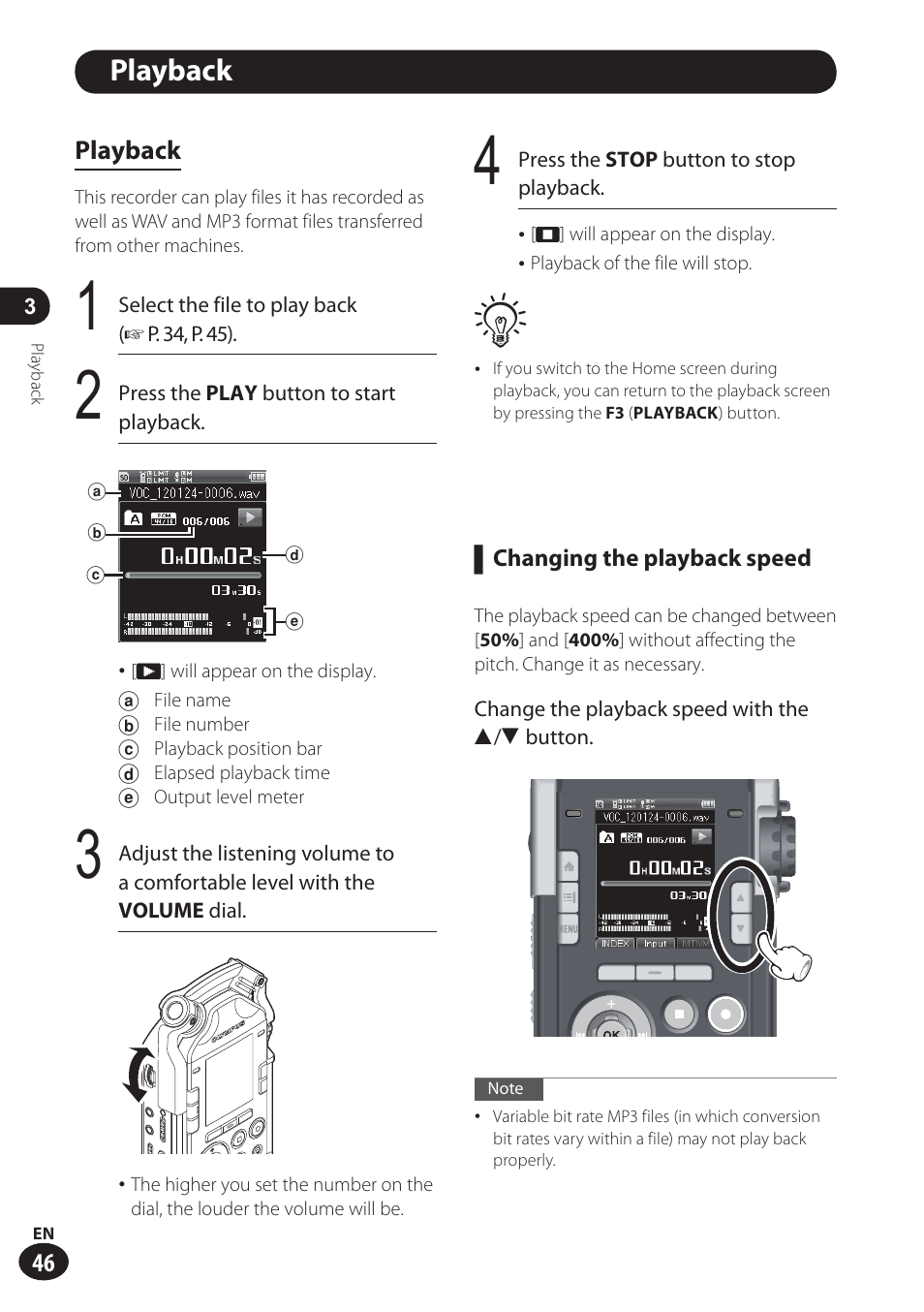 Playback | Olympus LS-100 User Manual | Page 46 / 137