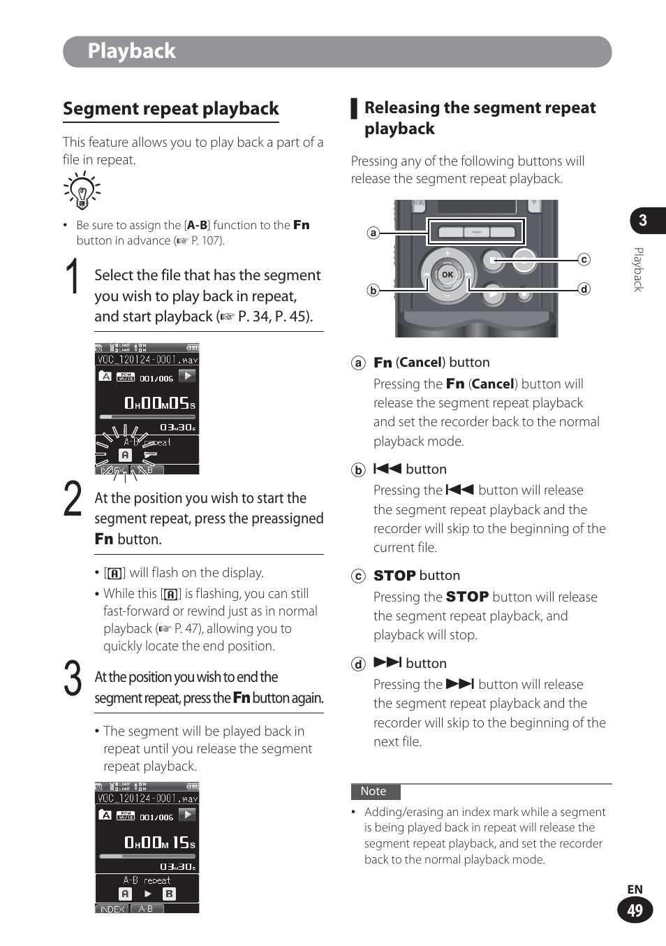 Playback, Segment repeat playback | Olympus LS-100 User Manual | Page 49 / 137