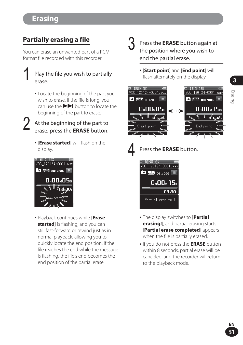 Erasing | Olympus LS-100 User Manual | Page 51 / 137