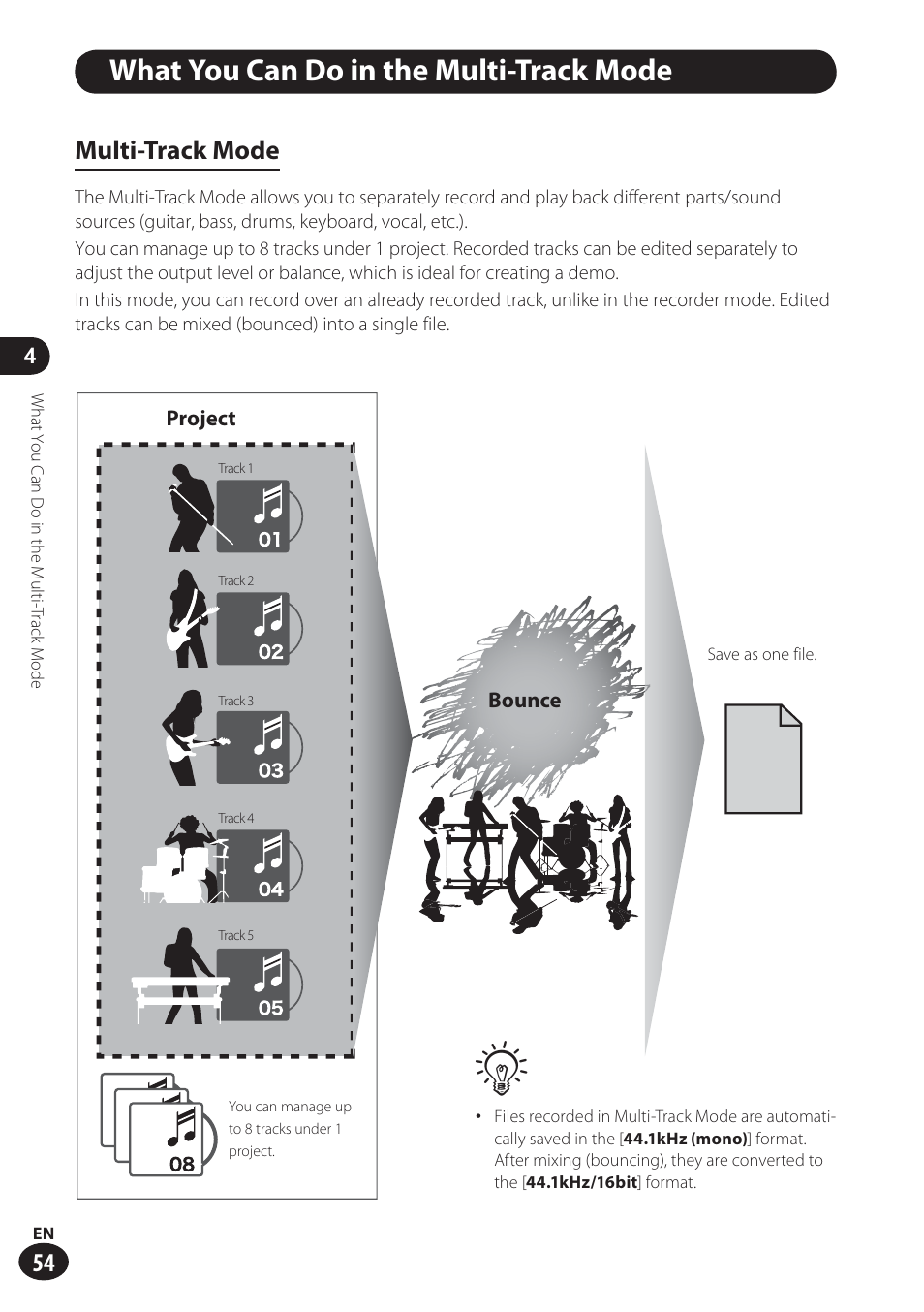 What you can do in the multi-track mode, Multi-track mode | Olympus LS-100 User Manual | Page 54 / 137