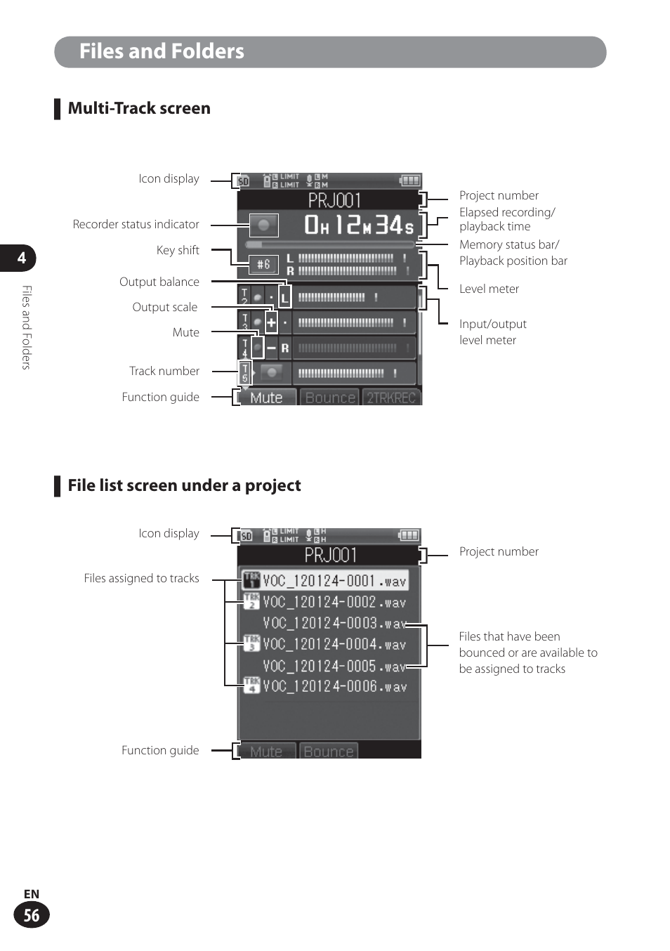 Files and folders, Multi-track screen, File list screen under a project | Olympus LS-100 User Manual | Page 56 / 137