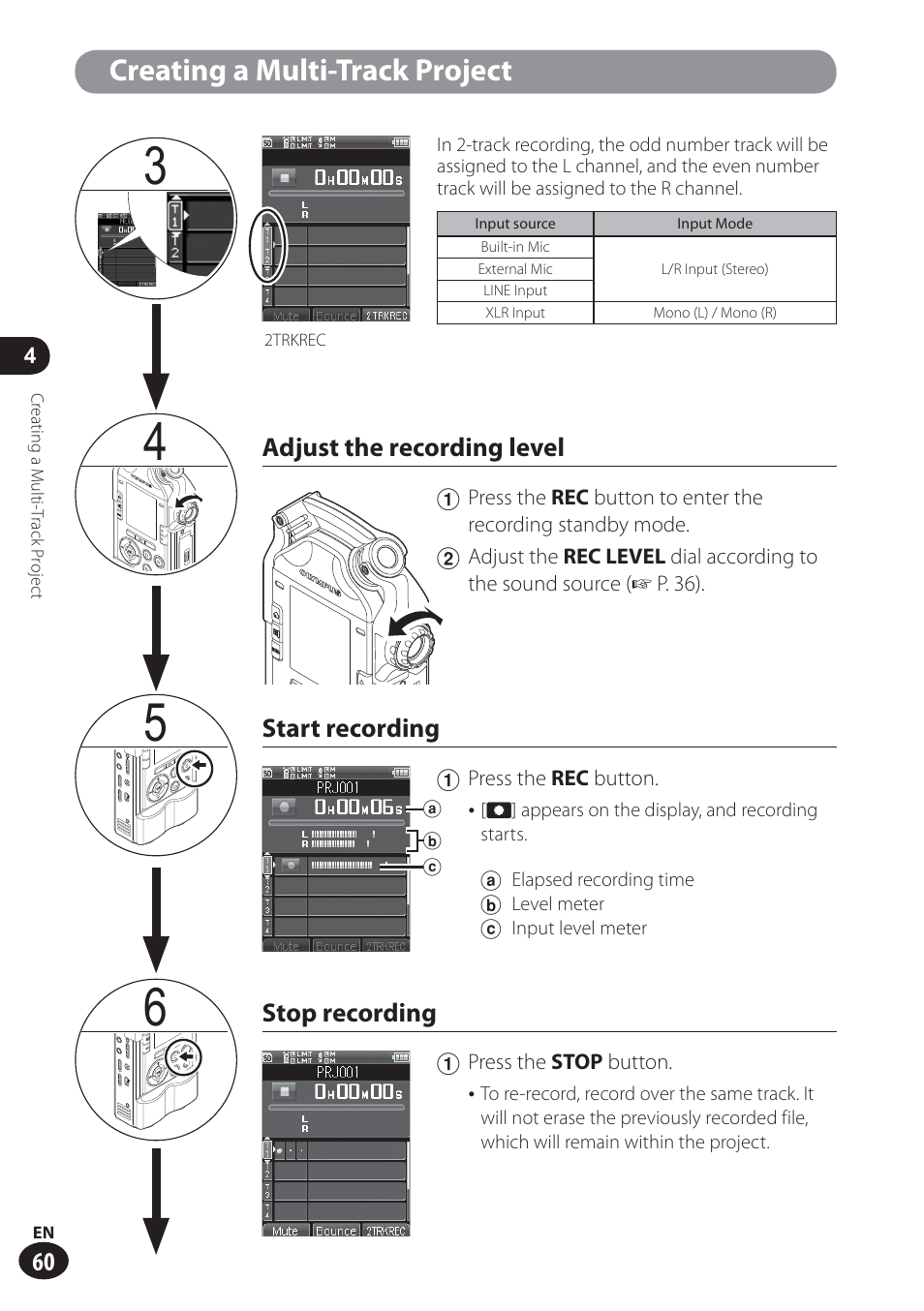 Creating a multi-track project, Adjust the recording level, Start recording | Stop recording | Olympus LS-100 User Manual | Page 60 / 137