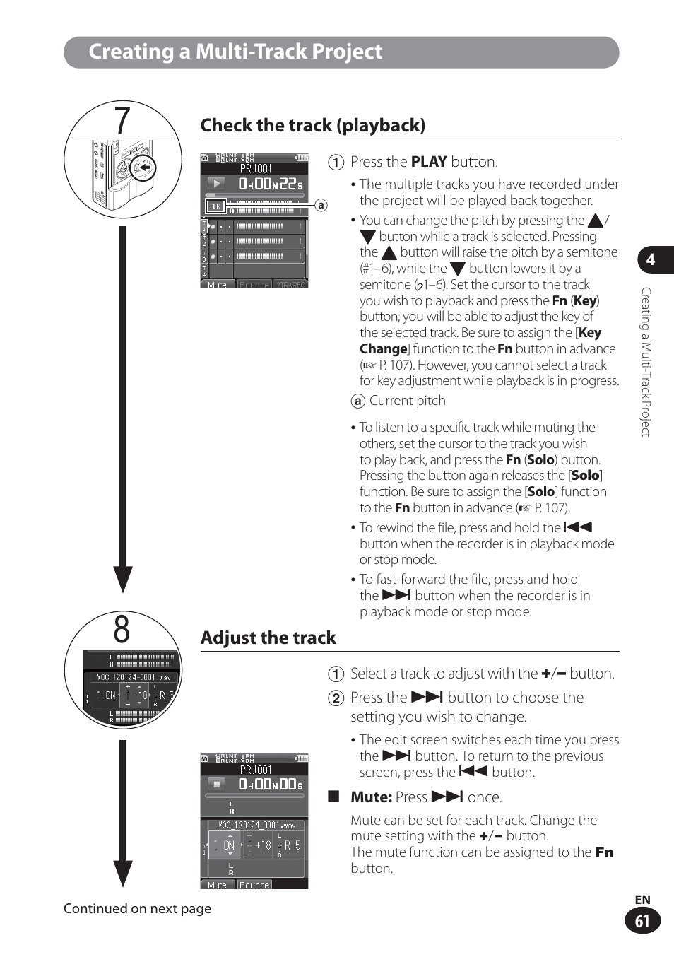 Creating a multi-track project, Check the track (playback), Adjust the track | Olympus LS-100 User Manual | Page 61 / 137