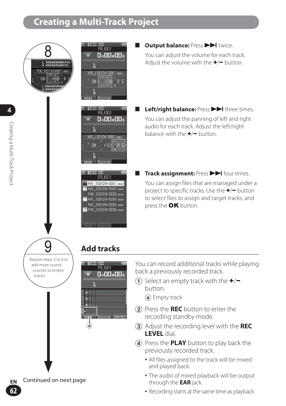 Creating a multi-track project, Add tracks | Olympus LS-100 User Manual | Page 62 / 137