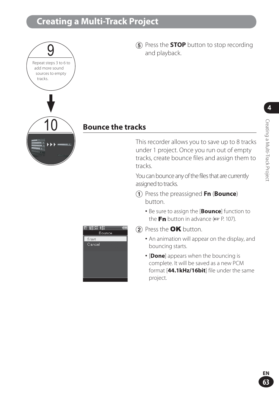 Creating a multi-track project, Bounce the tracks | Olympus LS-100 User Manual | Page 63 / 137