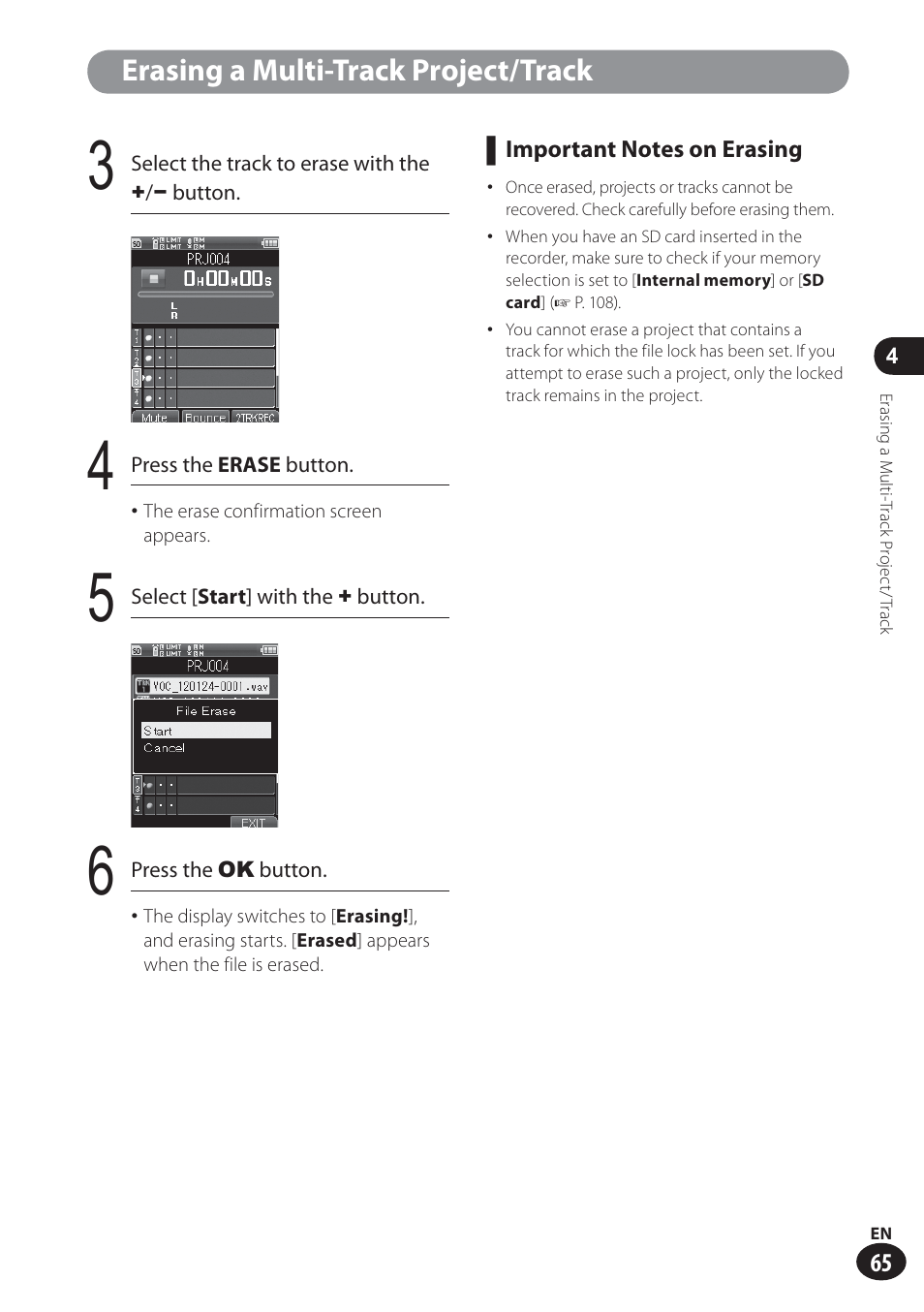 Erasing a multi-track project/track | Olympus LS-100 User Manual | Page 65 / 137