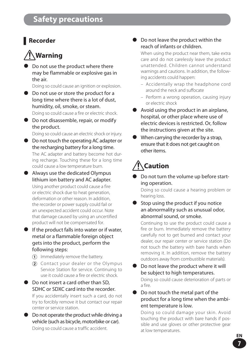 Safety precautions, F warning, F caution | Recorder | Olympus LS-100 User Manual | Page 7 / 137