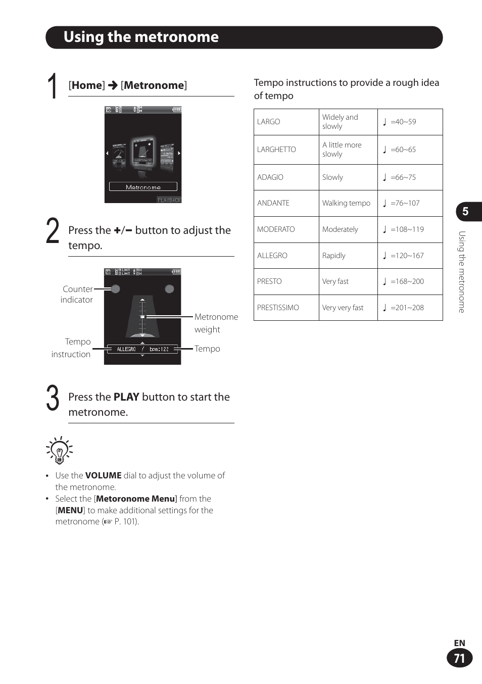 Using the metronome | Olympus LS-100 User Manual | Page 71 / 137