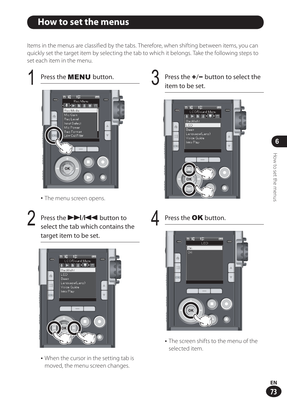 How to set the menus | Olympus LS-100 User Manual | Page 73 / 137