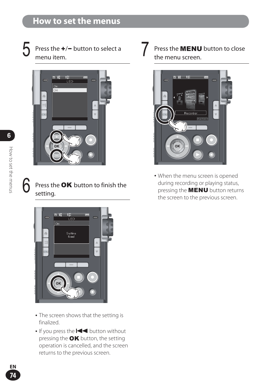 How to set the menus | Olympus LS-100 User Manual | Page 74 / 137