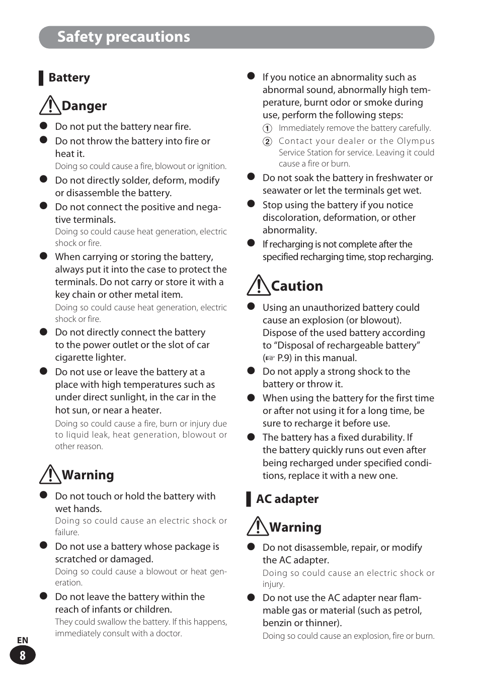 Safety precautions, F caution, F warning | F danger | Olympus LS-100 User Manual | Page 8 / 137