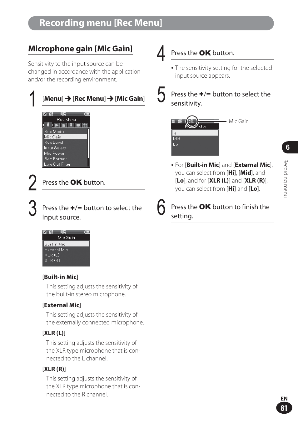 Recording menu [rec menu | Olympus LS-100 User Manual | Page 81 / 137