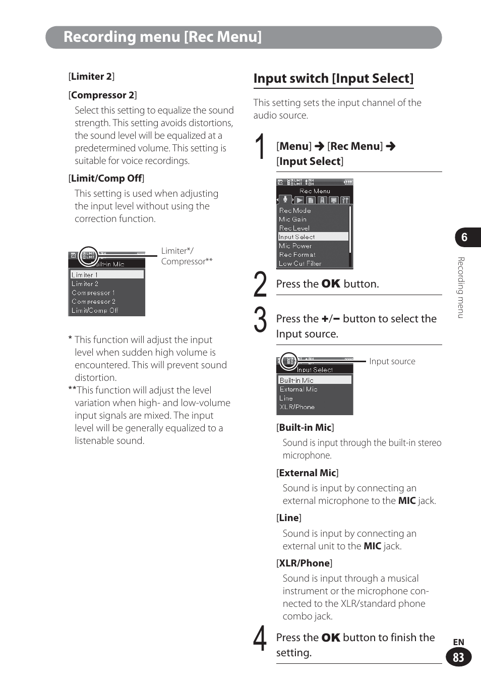 Recording menu [rec menu | Olympus LS-100 User Manual | Page 83 / 137