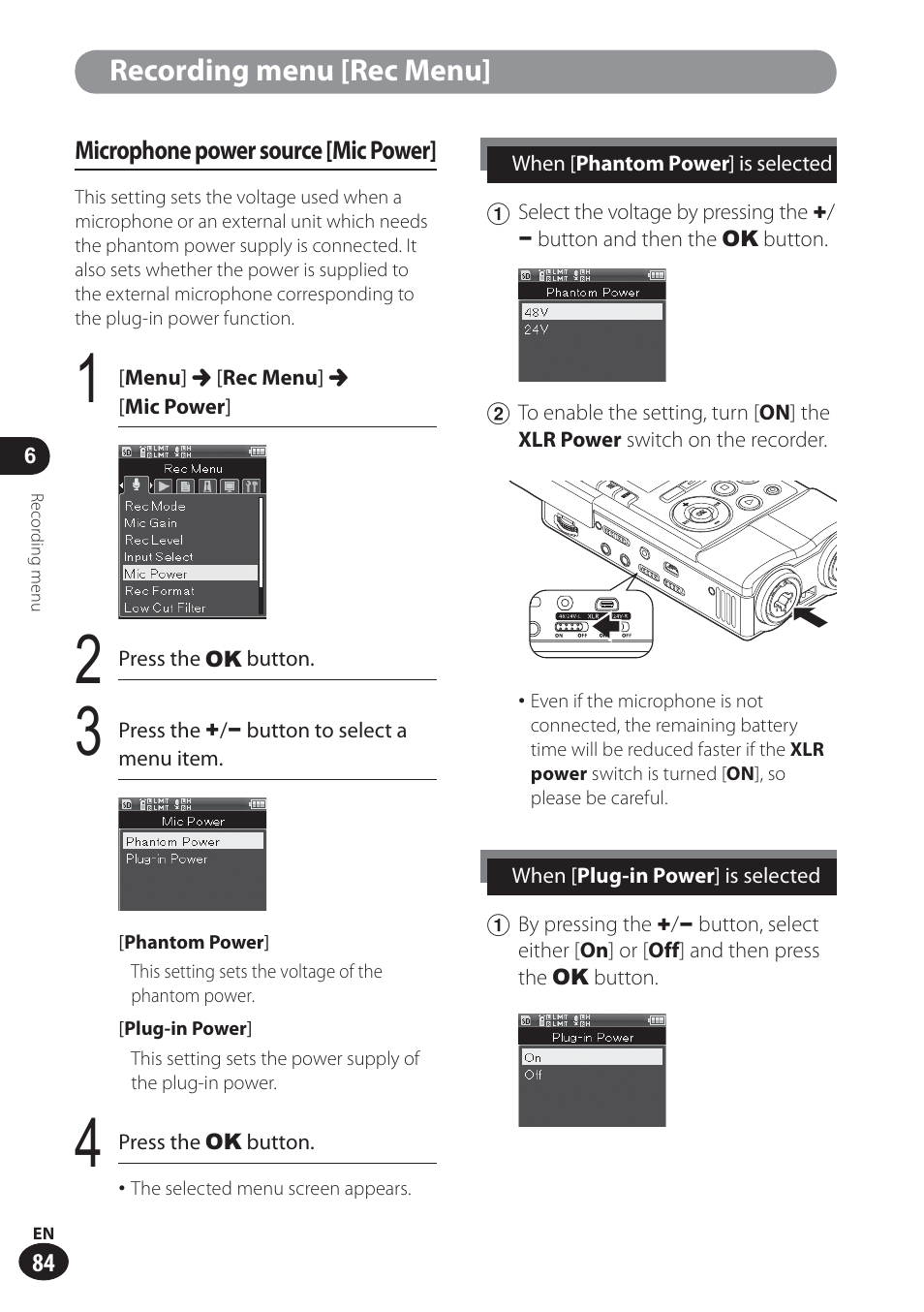 Recording menu [rec menu | Olympus LS-100 User Manual | Page 84 / 137