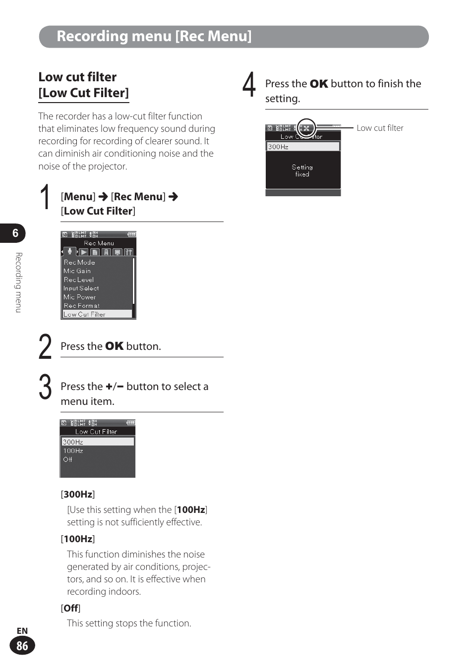 Recording menu [rec menu | Olympus LS-100 User Manual | Page 86 / 137