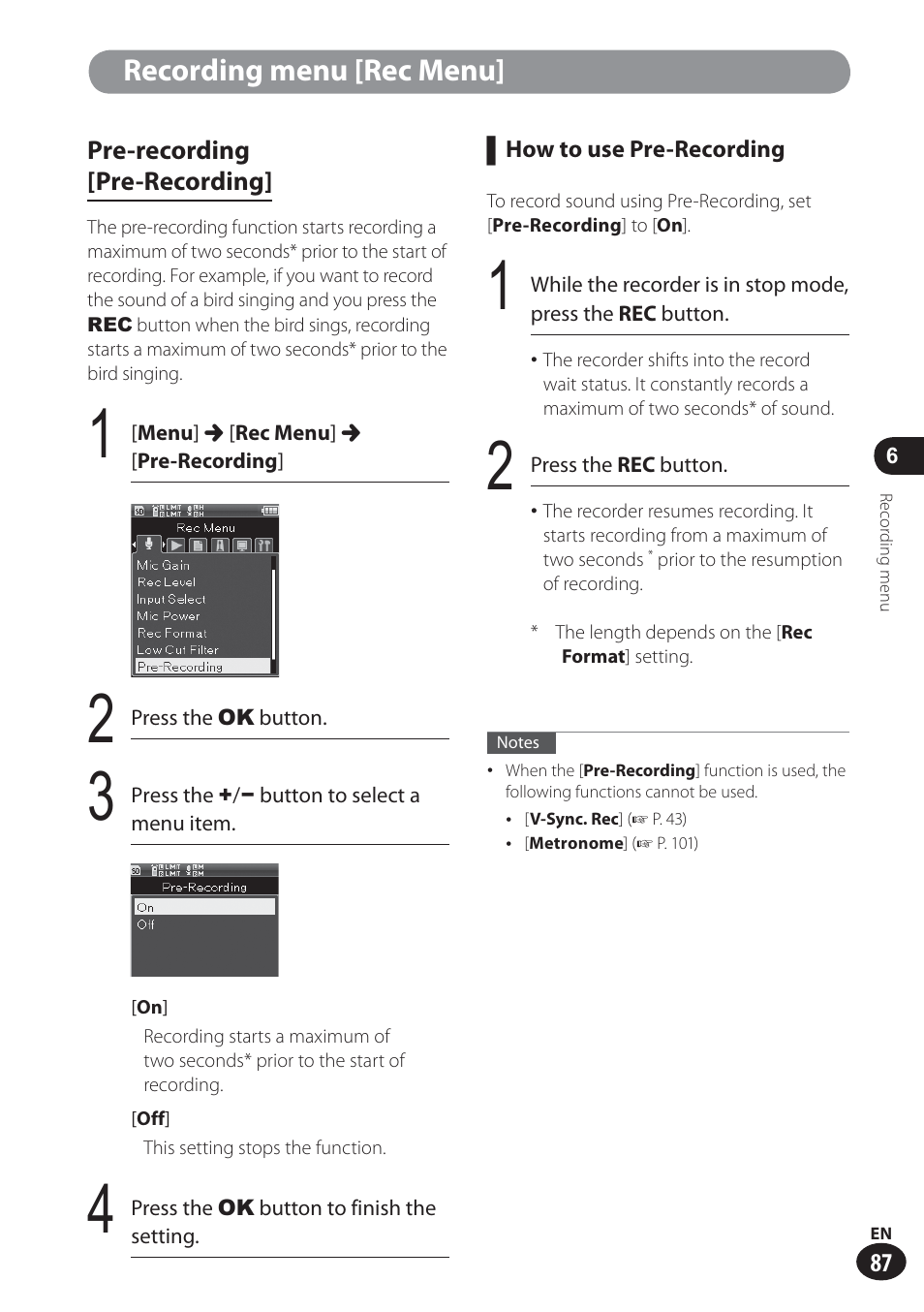 Recording menu [rec menu | Olympus LS-100 User Manual | Page 87 / 137