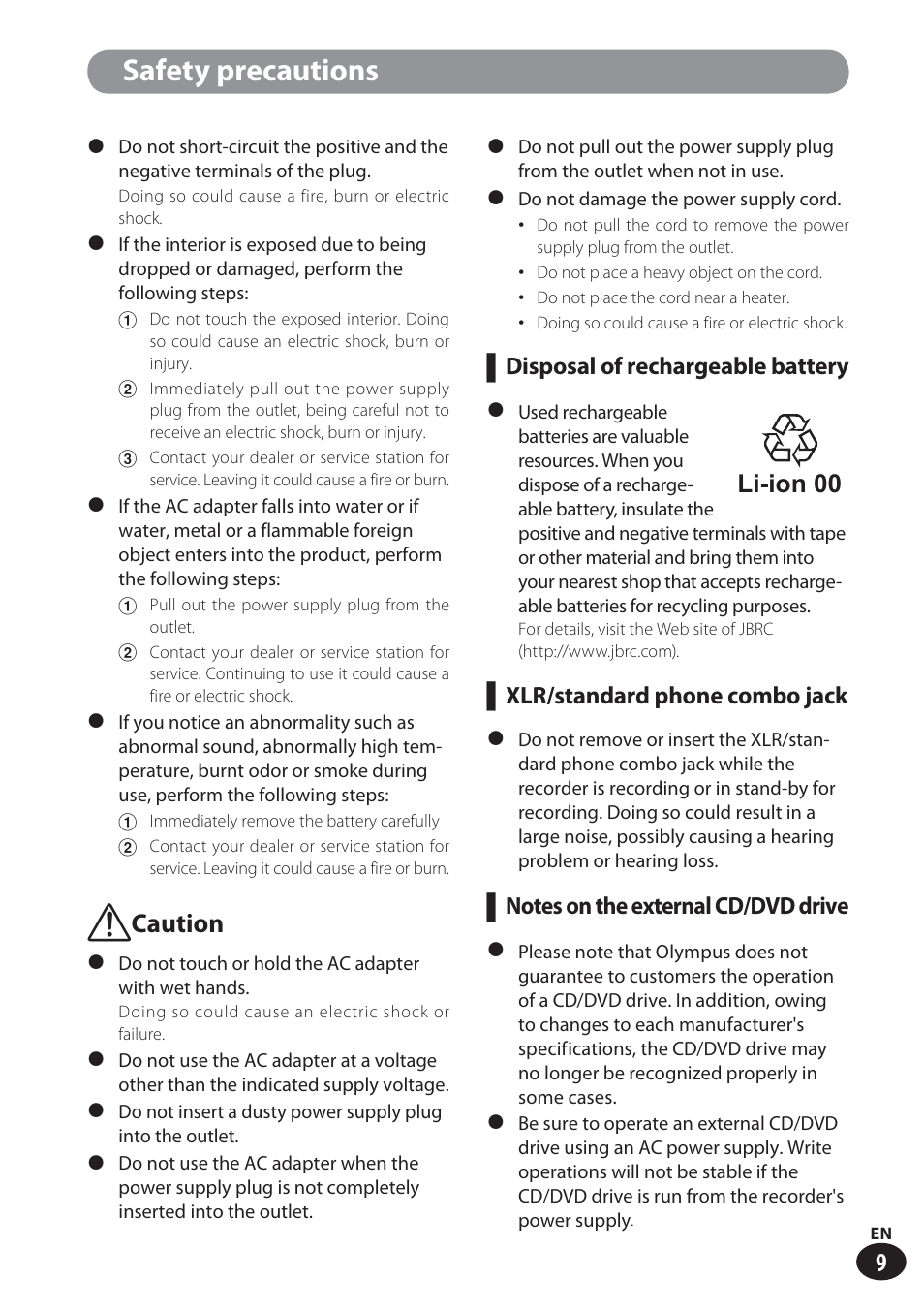 Safety precautions, F caution, Li-ion 00 | Disposal of rechargeable battery, Xlr/standard phone combo jack | Olympus LS-100 User Manual | Page 9 / 137