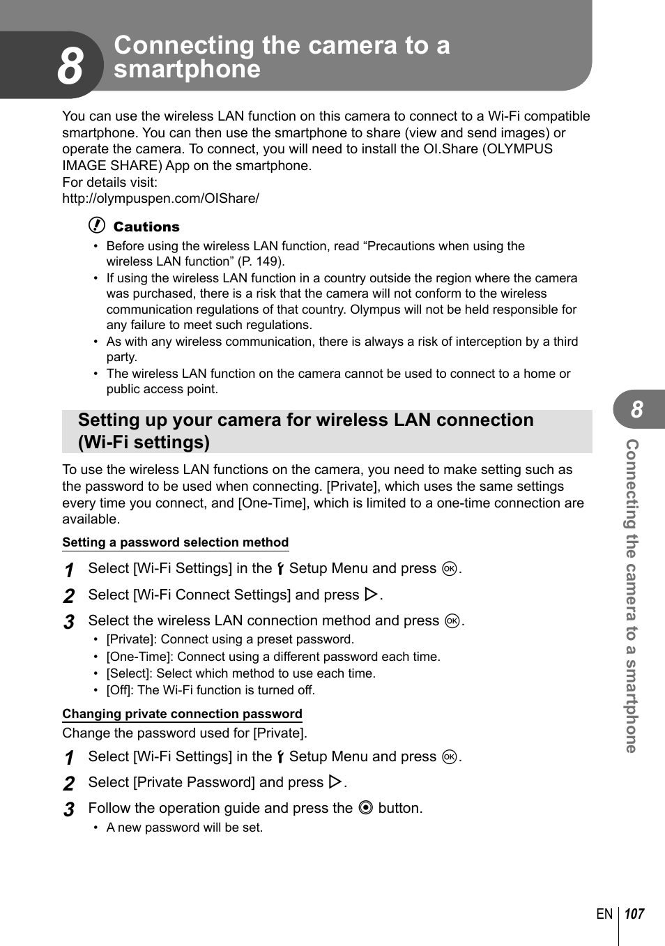 Connecting the camera to a smartphone | Olympus EM10 User Manual | Page 107 / 161