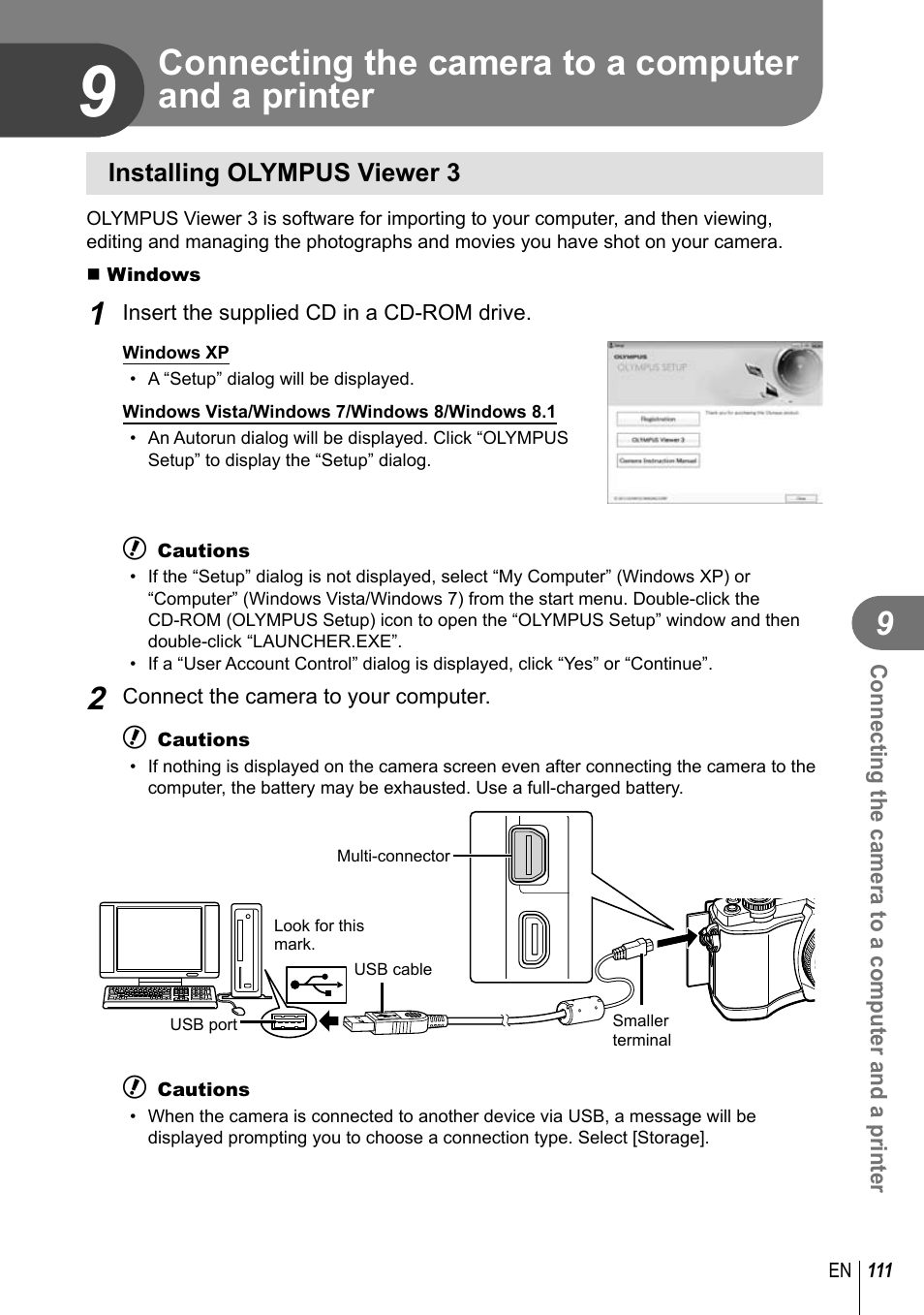 Connecting the camera to a computer and a printer | Olympus EM10 User Manual | Page 111 / 161