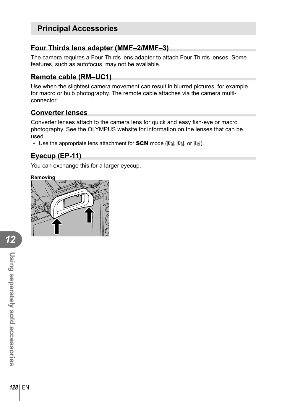 Principal accessories | Olympus EM10 User Manual | Page 128 / 161